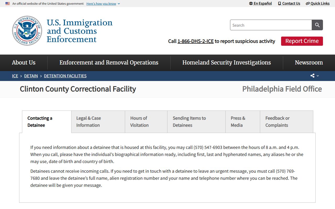 ICE Clinton County Correctional Facility profile page for detention-facility contact information