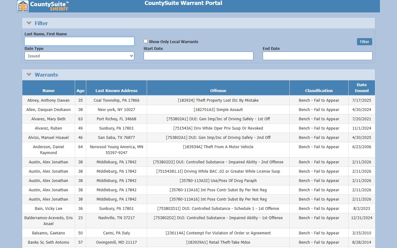 Snyder County warrant portal for court records after arrest
