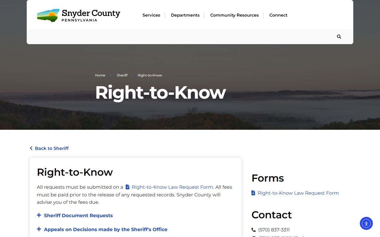 Snyder County inmate records Right-to-Know fee schedule