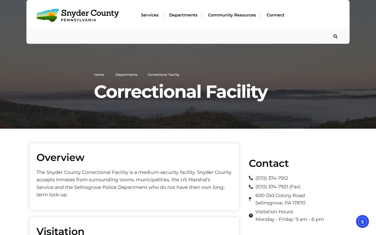 Snyder County Correctional Facility inmate population and booking center page