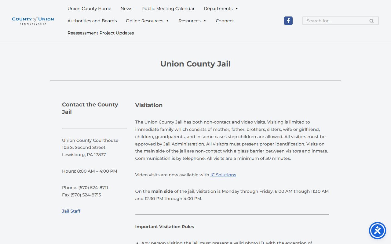 Official Union County Jail page with visiting deposit and phone vendor information